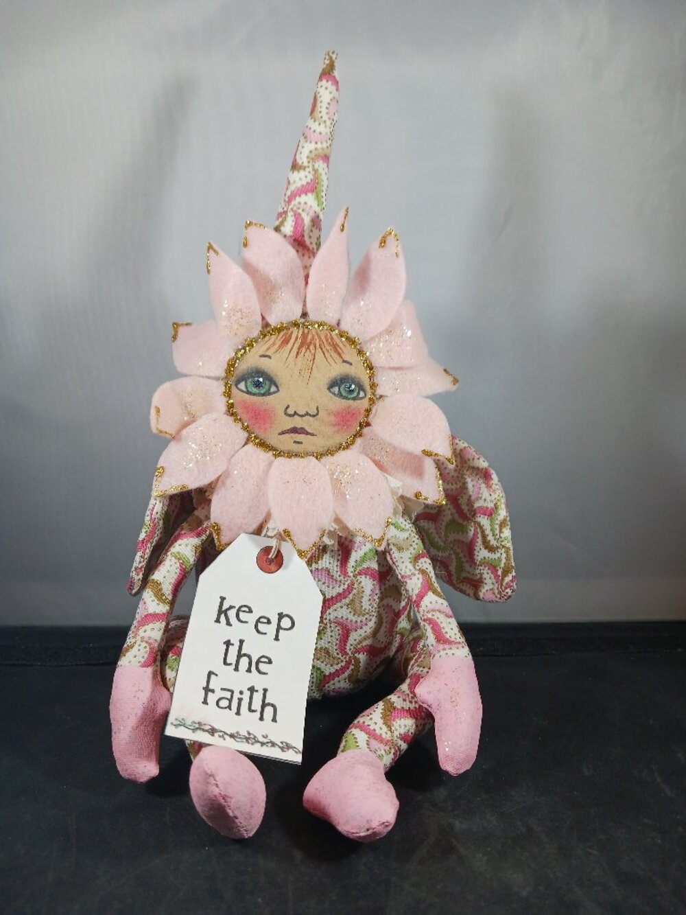 Handmade Pink Sun Flower Art Doll Pattern Primitive Style Collectable Keepsake